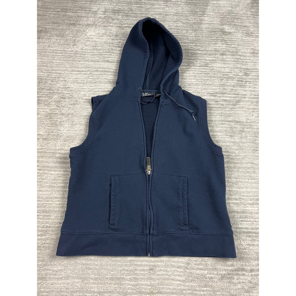NY Jeans Hoodie Vest Women L Navy Blue Full Zip Sleeveless Cotton Sporty Pockets